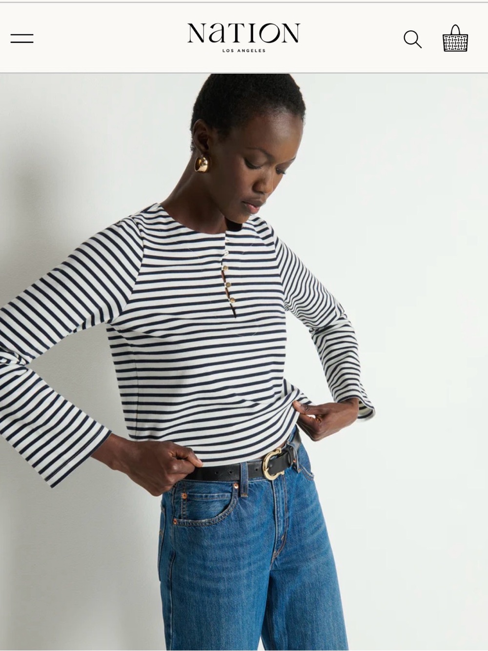 Nation LA Silvia Navy and White Knit Striped Long-Sleeve Top W/Gold Buttons - XS